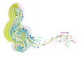 Abstract treble clef decorated with summer and spring flowers, palm leaves, notes, birds.